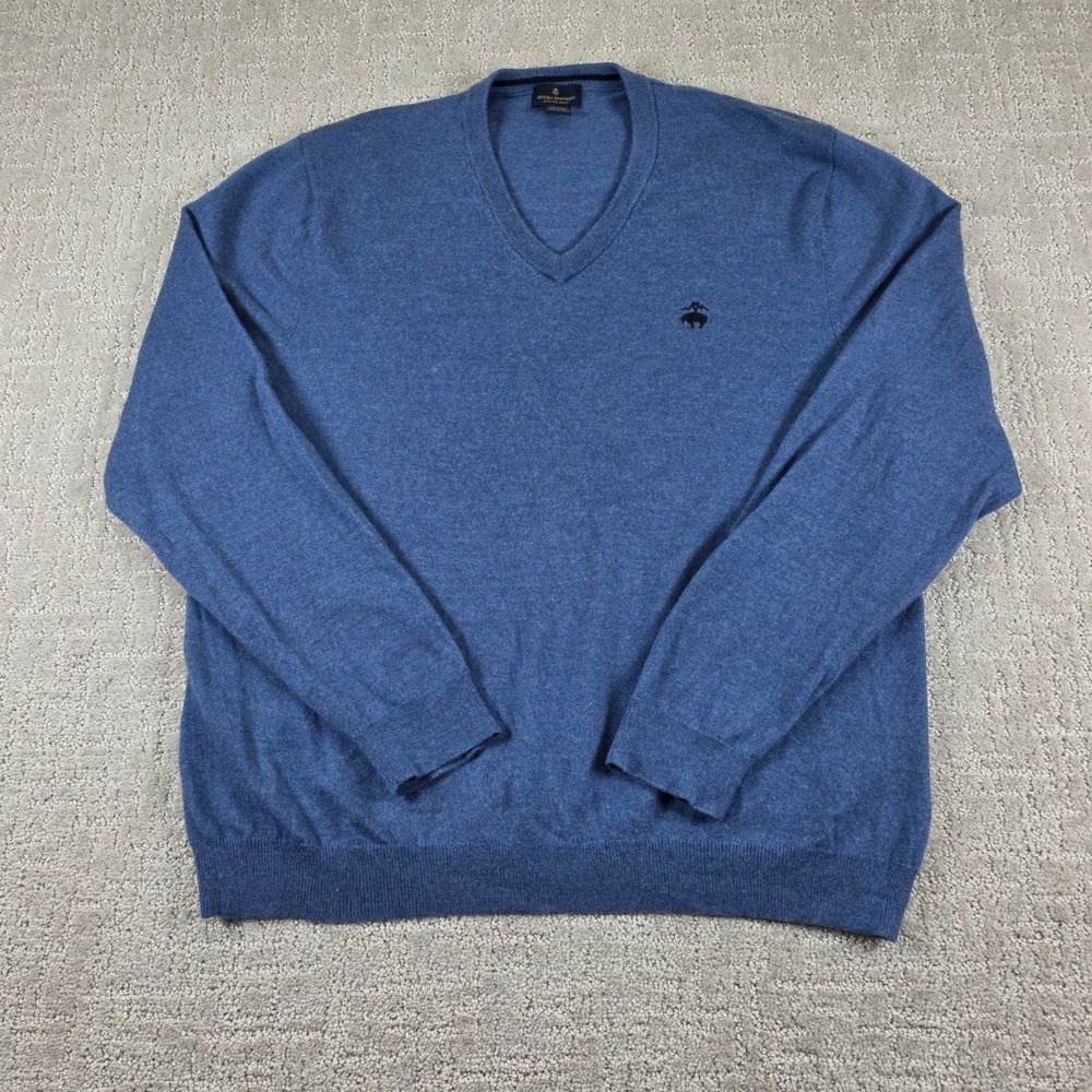 Brooks Brothers Mens XL Blue Extra Fine Merino Wool V-Neck Sweater Logo Knit